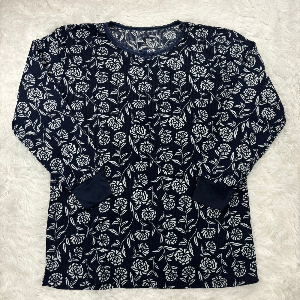 Vintage Style Floral Thermal Shirt Size M Blue Rose Waffle Knit Pajama Top